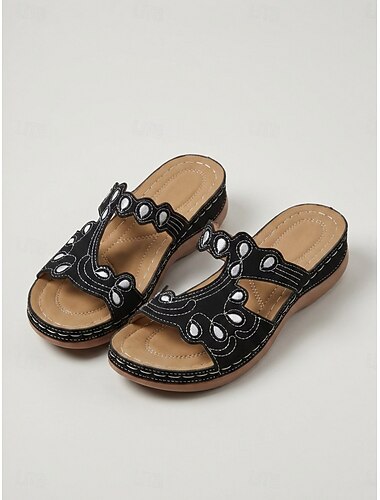  Sandales plates noires confortables pour femmes, ornées de découpes et brodées. Chaussures d'été légères et confortables, idéales pour les voyages et la marche. &vêtements de tous les jours