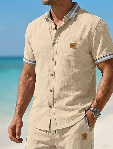  Da uomo Camicia Camicia di lino Camicia Estiva Camicia da Spiaggia Semplice Casuale Quotidiano Blu Nero Blu marino Cachi Manica Corta Colletto Estate Primavera Abbigliamento Patchwork