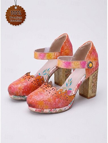  Scarpe Mary Jane da donna in vera pelle stile boho - scarpe vintage con tacco grosso e cinturino alla caviglia, decorate con motivi floreali in rilievo, ideali per resort all'aperto e vacanze in