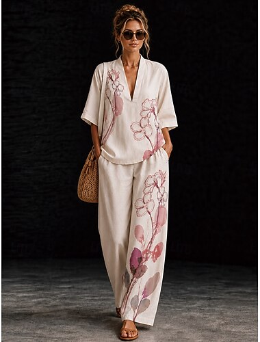  Per donna Camicia Set di biancheria in cotone Set di Pantaloni Manica Corta Scollo a V Floreale Grafico Geometrico Stampato Vacanza Moda Streetwear Casuale Quotidiano All'aperto Giallo Rosa Rosa
