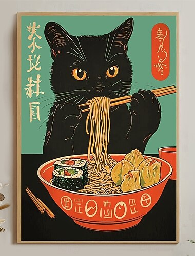  1 poster giapponese con gatto che mangia ramen - simpatico gattino anime che mangia una ciotola di ramen, stampa su tela adatta per la camera da letto, il dormitorio, il soggiorno - regalo perfetto