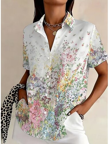  Damen Hemd Blumen Grafik Vintage Tropisch Stilvoll Kurzarm Hemdkragen Normale Oberteile Lässig Täglich Blau Weiß Gelb Grau Sommer Frühling