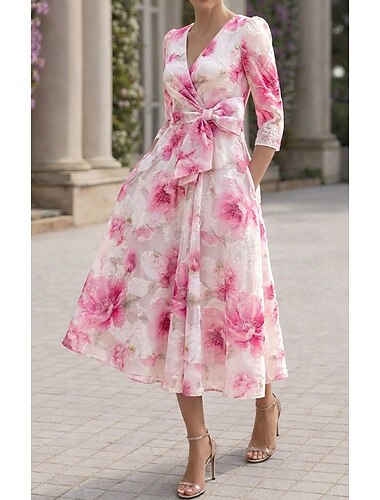  A-Linie Knöchellänge Tee-Länge Blumenkleid Cocktailkleider Elegant Blumen Halbformell / Cocktail Dreiviertelarm V Ausschnitt Gartenparty Hochzeit Organza Jacquard mit Blumenmuster Falten