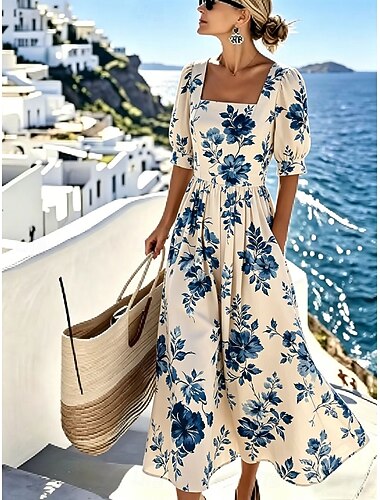  Damen Maxikleid Freizeitkleid A Linie Kleid Elegant Urlaub Stilvoll Strand Ferien Normale Passform Blumen Grafik Halbarm Rundhalsausschnitt Blau Rote Grün Beige Sommer Frühling