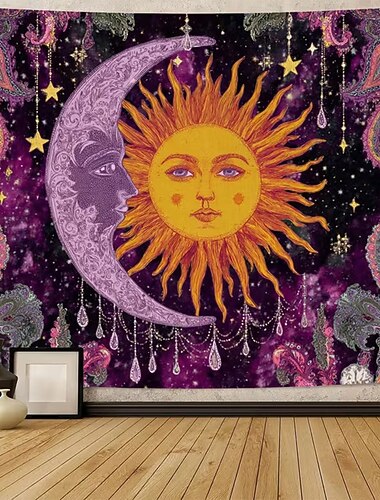 Väggtapet med sol och måne, väggbonad med himmelsk paisleymotiv och galaxmotiv med stjärnhimmel för sovrum och vardagsrum, boho-inredning