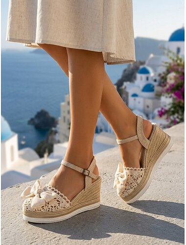  Sandálias espadrille femininas bege com cadarço e salto plataforma - elegantes sandálias com detalhe de laço. &Tira de tornozelo para férias na ilha, casamentos na praia &roupas para férias de verão