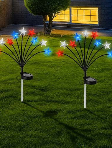  2 Stück patriotische 9 Köpfe Außen Solar wasserdicht rot weiß blau dreifarbige Pentagramm Bodenmontierte Lichter 4. Juli Unabhängigkeitstag 250. Jubiläum Memorial Day für Dekorationslichter