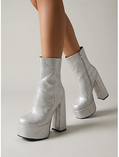  Stivali da donna stile anni '70 con plateau argentato, stile discoteca retrò - stivali go-go in pelle metallizzata effetto craquelé con tacco alto a blocco per feste in discoteca, Halloween e cosplay