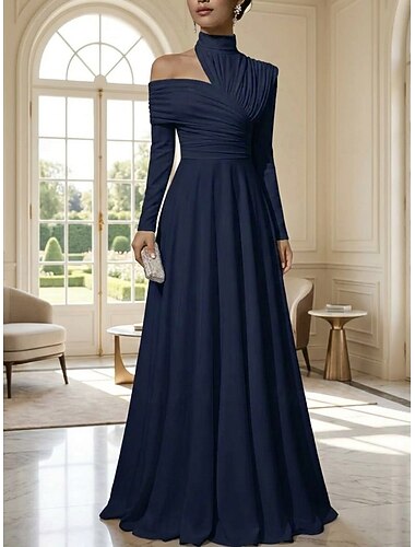  Linea ad A Lunghezza al pavimento Abito da Sera Elegante Abito da sera stile impero Manica Lunga Collo Alto Festa serale Matrimonio Raso Elasticizzato con Pieghe Tinta unita