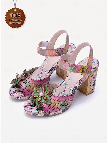  Sandali da donna boho in vera pelle - tacco a blocco floreale colorato dipinto a mano con design traforato, ideali per resort di lusso all'aperto, feste in giardino e viaggi.