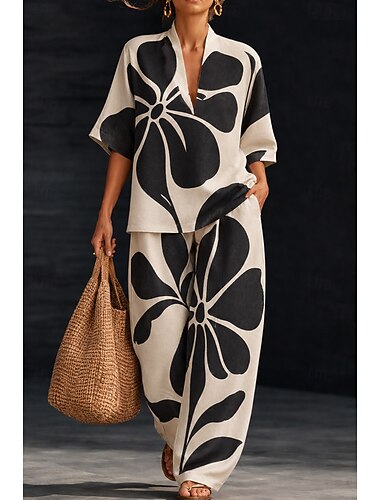  Femmes Chemise Ensembles en coton et lin Ensembles de Pantalons Manche Courte Col en V Fleuri Graphique Géométrique Imprimé Vacances Mode Streetwear Occasionnel Quotidien Extérieur Noir Blanche