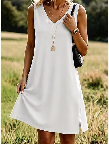  Mulheres Minivestido Vestido branco Vestido T shirt Vestido A Line Vestido de verão Férias Casual Estilo Praia Diário Feriado Vestido de verão Ajuste Largo Tecido Sem Manga Decote V Azul Preto Branco