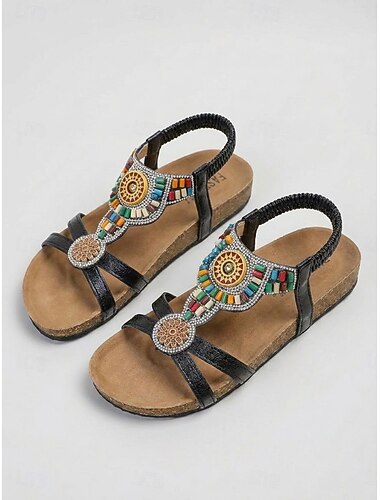  Sandali da spiaggia bohémien da donna - scarpe basse nere con cinturino elastico sul retro e ornamenti nativi colorati con perline. &piattaforma in sughero per abbigliamento da resort estivo &vacanza