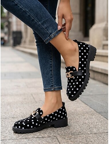  Retro-Loafer mit Polka-Dots für Damen – stilvolles Schwarz &Weiße Wildlederschuhe mit goldener Kettenverzierung &Klobige Profilsohle für den täglichen Freizeitlook, Streetstyle & Schule