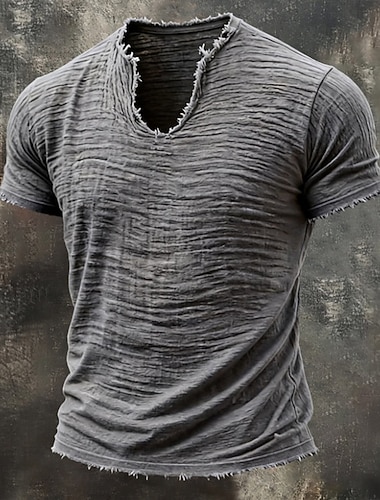  t-shirt da uomo 100% cotone, maniche corte, scollo a V, estate, primavera, tinta unita, testurizzata, vacanza, vintage, sportiva, bordo grezzo, casual, casa, esterno, nero, bianco, vino, top, t-shirt da uomo