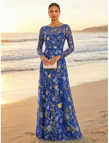 Linea ad A Abito Lunghezza al pavimento Vestito da Festa Abito da Cocktail Abito da cerimonia per signora Manica Lunga Girocollo Elegante Vintage Lussuoso Formale Ospite di nozze Derby del Kentucky