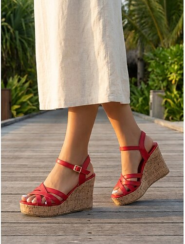  Sandali con zeppa da donna rosso acceso - scarpe con plateau retrò con cinturino incrociato e suola effetto sughero &fibbia regolabile per vacanze all'aperto, crociere tropicali &feste estive