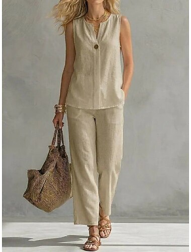 Dames Katoenen linnen sets Mouwloos V-hals Casual Dagelijks Strand blauw Khaki Zwart Zomer