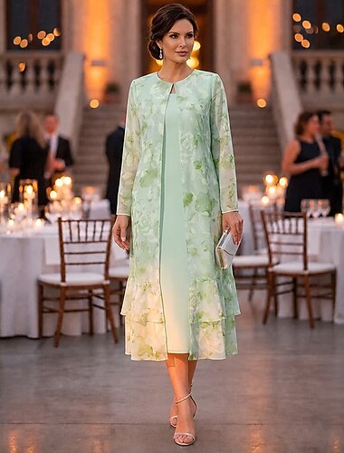  Tvådelad A-linje Ankellång Telång Bröllopsgästklänning Klänning till brudens mor Ärmlös Långärmad Rund hals Elegant Enkel minimalist Formell Semiformell Chiffong Jacquard Stretch crepe med Blomtryck