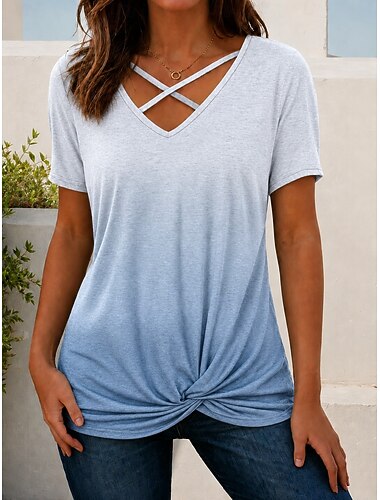  Damskie Podkoszulek Wychodzenie z góry Letnie szczyty Przedni krawat Cross Halter Ombre Graficzny Elegancja Zabytkowe Tropikalny Krótki rękaw W serek Crop Topy Codzienny Plaża Sport Biały / Niebieski