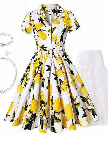  Conjunto Anos 50 Retro Vintage Longuette Anágua Conjunto de acessórios Vestido Flare com acessórios Floral Justo & Evasê Fantasia Mulheres Renascimento Festa de Chá Adulto Vestido Vestidos de baile