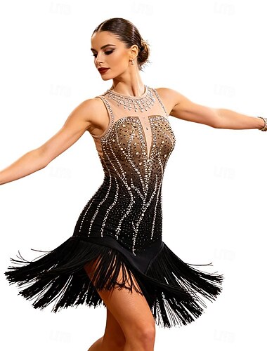  Danse salsa latine Robe Strass Gland Épissage Femmes Entraînement Performance Sans manches Chinlon Élasthanne