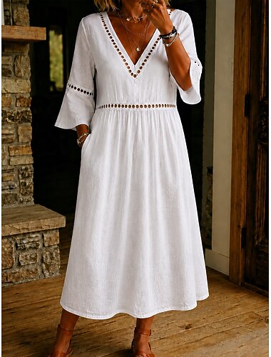  Dames Halflange jurk Kanten jurk Witte jurk Zomerjurk Elegant Modieus Dagelijks Strand Vakantie Normale pasvorm Effen Halve mouw V-hals Spijkerbroekblauw Wit Groen Pauwblauw Zomer Lente