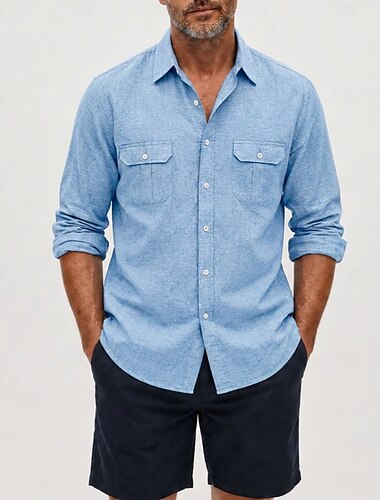  Camicia da uomo in lino traspirante - camicia estiva casual a maniche lunghe - blu, nero, bianco