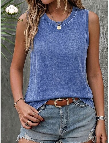  Mulheres Algodão lavado 100% Algodão Camiseta Malha Íntima à moda Clássico Sem Manga Decote V Tops regulares Casual Praia Verão Azul Rosa Roxo Laranja Verde Verão Primavera