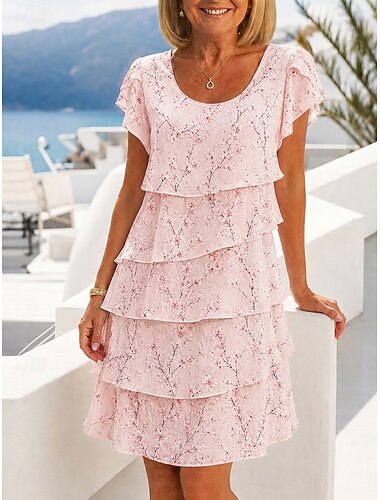  Damen Knielanges Kleid Chiffonkleid Blumenkleid Elegant Mode Modern Urlaub Party Wochenende Normale Passform Blumen Kurzarm Rundhalsausschnitt Gelb Rosa Sommer Frühling