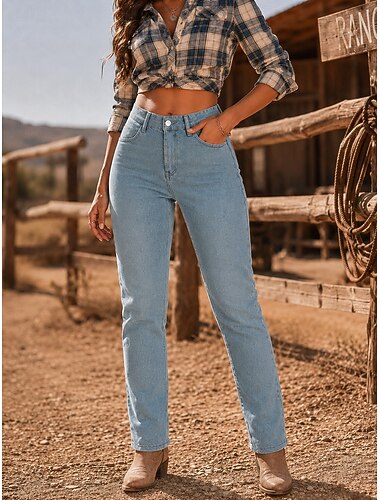  Mulheres Jeans Ganga Calças finas chinês Moda Comprimento total Cintura Alta Conforto Sem Elasticidade Férias Formal Preto Azul Claro Cinzento Primavera Fino