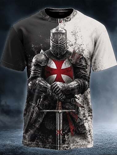  男性用 テンプル騎士団 十字架 Tシャツ 半袖 Tシャツ 3Dプリント クルーネック シャツ 宗教 ストリート ダークパーティー ホワイト オールシーズン 衣類 S M L XL XXL XXXL