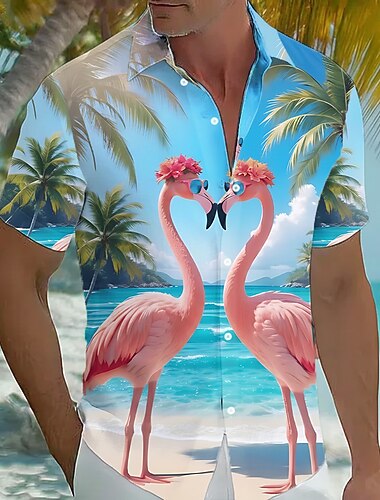  Herr Flamingo Kokosnötspalm Tropiska växter Hawaii skjorta Tropiska skjortor Aloha skjorta Kortärmad Hawaiisk Dagligen Strandsemester Sommar Vår Nedvikt 3D-utskrift Skjortor med knappar Rodnande Rosa