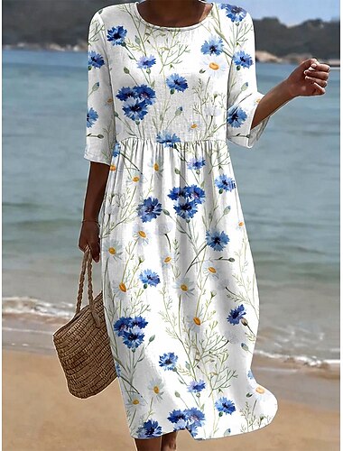  Mujer Vestido Midi Vestido de verano Vacaciones Casual Boho Festivos Ajuste regular Floral Graphic Media Manga Cuello Barco Blanco Verde Claro Azul cielo Verano Primavera