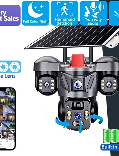  Solcellsdriven säkerhetskamera utomhus, 4k trippellins trådlös wifi ptz-kamera med 3-skärmsdisplay, humanoiddetektering, fullfärgs nattseende, 2-vägs ljud, IP66 vattentät, inbyggt batteri