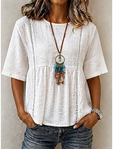  Damen Oberteil mit Ösen T Shirt T-Shirt Weiße Baumwollbluse Elegant Bohemien Mode Kurzarm Rundhalsausschnitt Normale Oberteile Lässig Blau Weiß Sommer Frühling