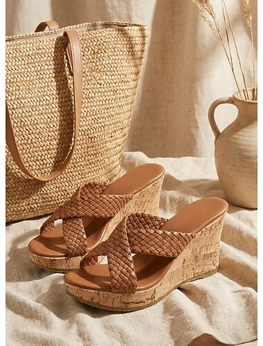  Dames boho sandalen van echt leer - bruine sandalen met gekruiste bandjes, sleehak en plateauzool, open neus, perfect voor luxe resorts, strandvakanties en zomercruises.