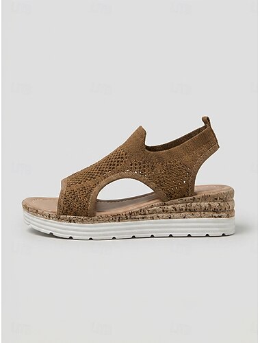  Donkerbruine, ademende gebreide sandalen met sleehak voor dames – lichtgewicht, comfortabele sandalen met uitsparingen voor op reis en bij zomeroutfits. &dagelijkse kleding