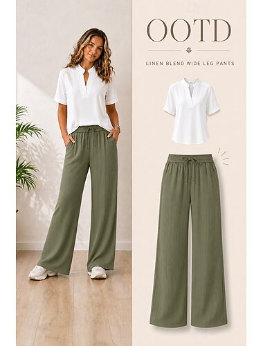  Mulheres Mistura de linho Perna larga Calça casual Férias Casual Comprimento total Cintura Alta Preto Azul Marinho Escuro Peridoto Damasco Verão Primavera Outono