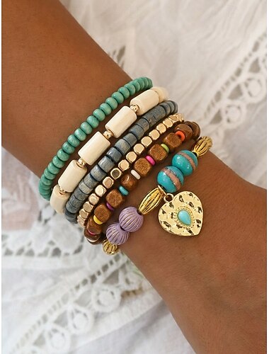  Damesarmband in bohemian stijl met houten kralen, 6-delige set, hartvormige bedeltjes, gelaagde elastische sieraden, perfect voor strandvakantie of dagelijks gebruik.
