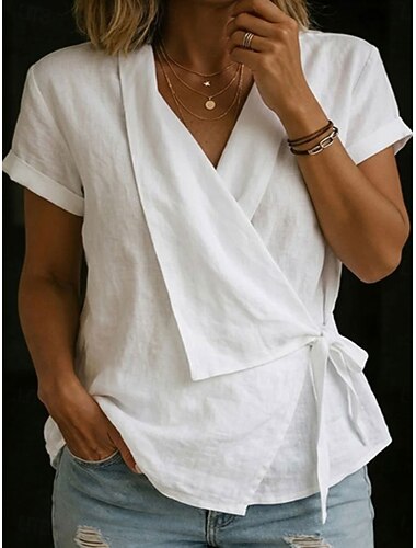  Mulheres Camisa Social Blusa Côr Sólida Tecido Moda Casual Estilo Praia Sem Manga Decote V Tops regulares Casual Preto Branco Amarelo Vermelho Azul Céu Verão