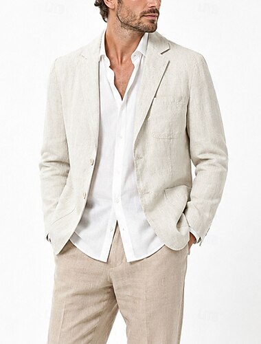  Da uomo Giacca Leggera Blazer 100% lino Cocktail Spiaggia Vacanza Moda Quotidiano Estate Primavera Lino Tinta unica Monopetto due bottoni Giacca Blu marino Azzurro cielo Beige