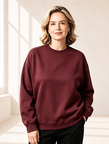  Mulheres Moletons camisolas Casual Manga Longa Gola Redonda Tops regulares Casual Azul marinho Vinho Verde Escuro Primavera Outono