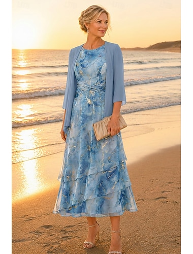  Zweiteilig A-Linie Knöchellänge Kleid für Hochzeitsgäste Brautmutterkleid Dreiviertelarm Rundausschnitt Elegant Einfach Lässig Formell Hochzeitsgast Familientreffen vereitelt Chiffon Mit Schal mit