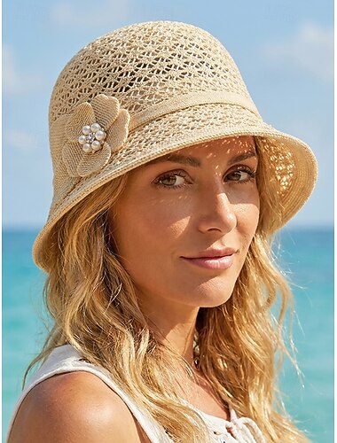  Cappello da donna a secchiello pieghevole e traspirante in poliestere – cappello estivo da sole con decorazione floreale e perla, multicolore, elegante per attività all'aperto, giardino, spiaggia e