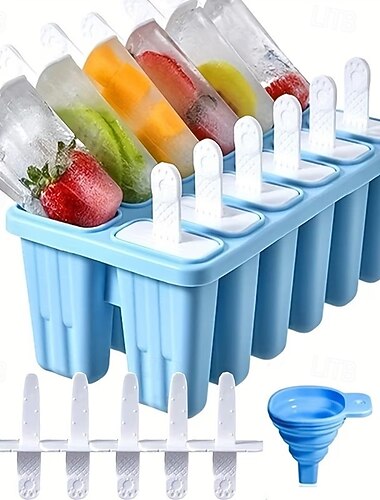  12-teiliges Set mit 10 Silikon-Eisformen, wiederverwendbaren Stielen, Trichter, Reinigungsbürste und praktischem Eisformer zum einfachen Herauslösen für Kinder – ideal für selbstgemachtes Fruchteis am