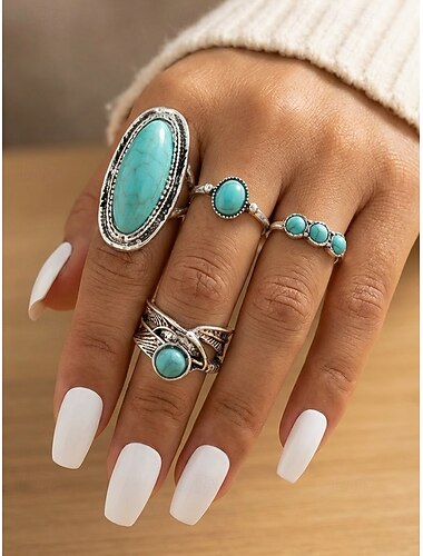  Dames bohemian legering turkooizen ringenset van 4 stuks, elegante statement stapelbare sieraden voor strandvakantie of dagelijks casual gebruik.