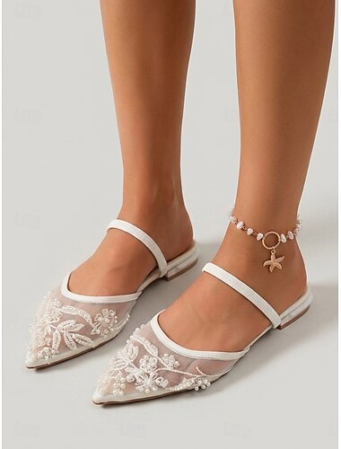  Sandali da donna bianchi in rete - eleganti mules a punta con tacco basso e ricami floreali per feste serali e matrimoni. &vacanza in un resort di lusso
