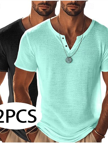  Herren 2-teiliges T-Shirt-Set, Strickshirt, Kurzarm, V-Ausschnitt, Sommer, einfarbig, modisch, leicht, Basic, Mesh-Strick, schlicht, lässig, Urlaub, Street, blau, schwarz, hellgrün