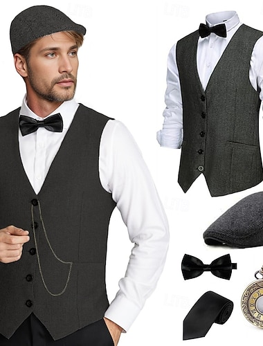  الهدر 20S عشرينيات عتيق / معتق ملابس صدار مجموعة الإكسسوارات انسان محترم رجل العصابات ملابس تنكرية رجالي عيد الرعب مهرجان السنة الجديدة مهرجان حفل / مساء حفلة تنكرية للبالغين ربطة عنق سترة قبعة